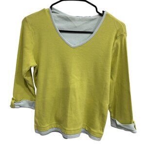 Yellow Green Light Blue V Neck Ribbed Long Sleeve Shirt Button Cuff Detail